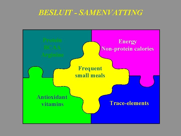 BESLUIT - SAMENVATTING Protein BCAA Arginine Energy Non-protein calories Frequent small meals Antioxidant vitamins