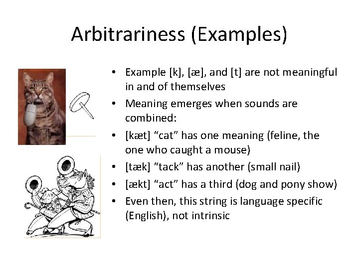 Arbitrariness (Examples) • Example [k], [æ], and [t] are not meaningful in and of