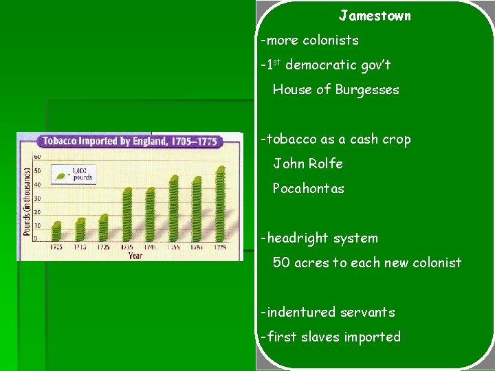 Jamestown -more colonists -1 st democratic gov’t House of Burgesses -tobacco as a cash