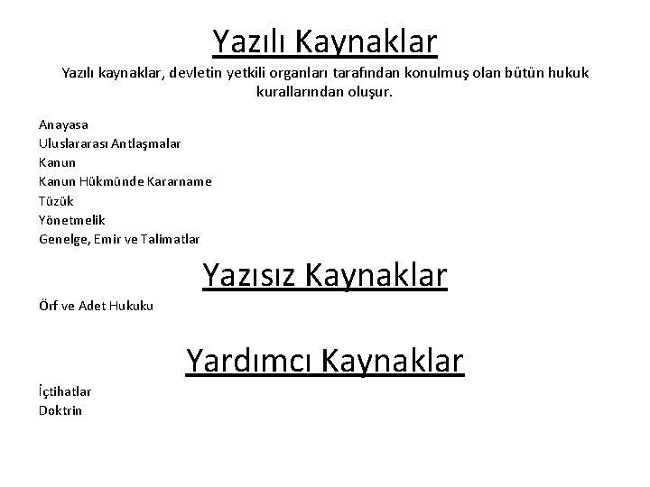 Yazılı Kaynaklar Yazılı kaynaklar, devletin yetkili organları tarafından konulmuş olan bütün hukuk kurallarından oluşur.