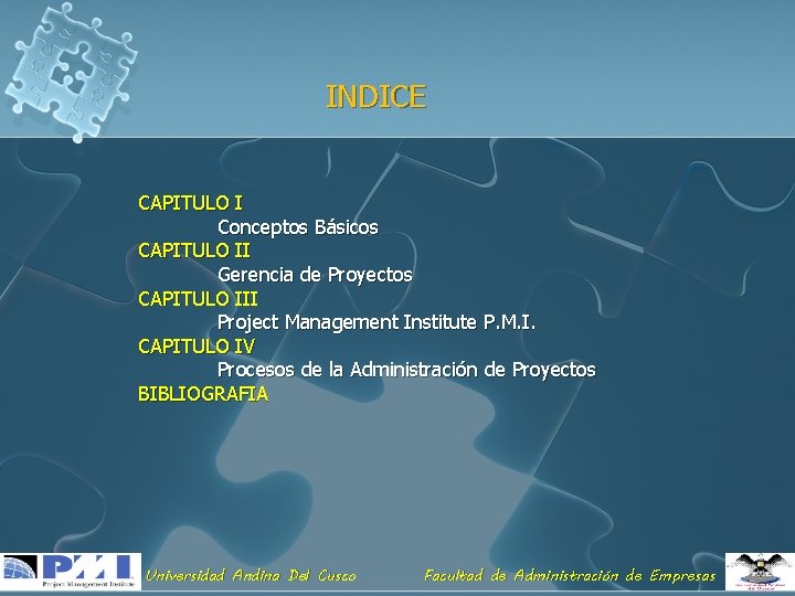 INDICE CAPITULO I Conceptos Básicos CAPITULO II Gerencia de Proyectos CAPITULO III Project Management