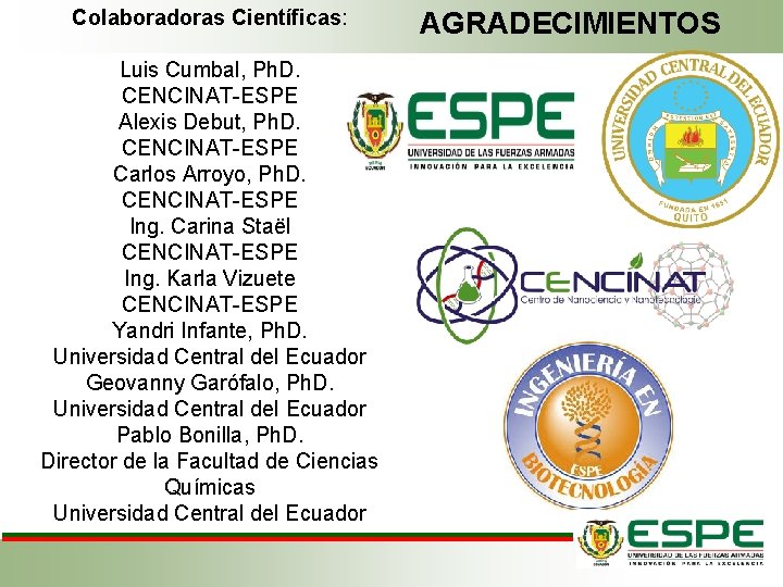 Colaboradoras Científicas: Luis Cumbal, Ph. D. CENCINAT-ESPE Alexis Debut, Ph. D. CENCINAT-ESPE Carlos Arroyo,