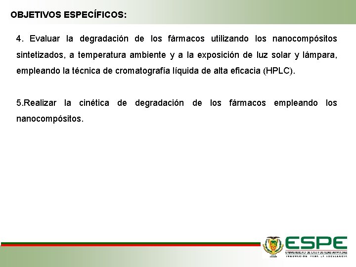 OBJETIVOS ESPECÍFICOS: 4. Evaluar la degradación de los fármacos utilizando los nanocompósitos sintetizados, a