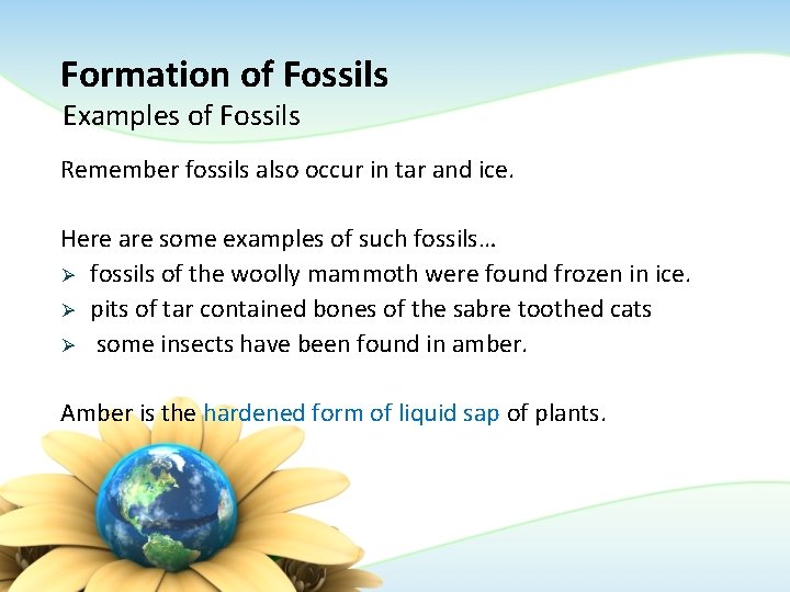 Formation of Fossils Examples of Fossils Remember fossils also occur in tar and ice. Formation of Fossils Examples of Fossils Remember fossils also occur in tar and ice.