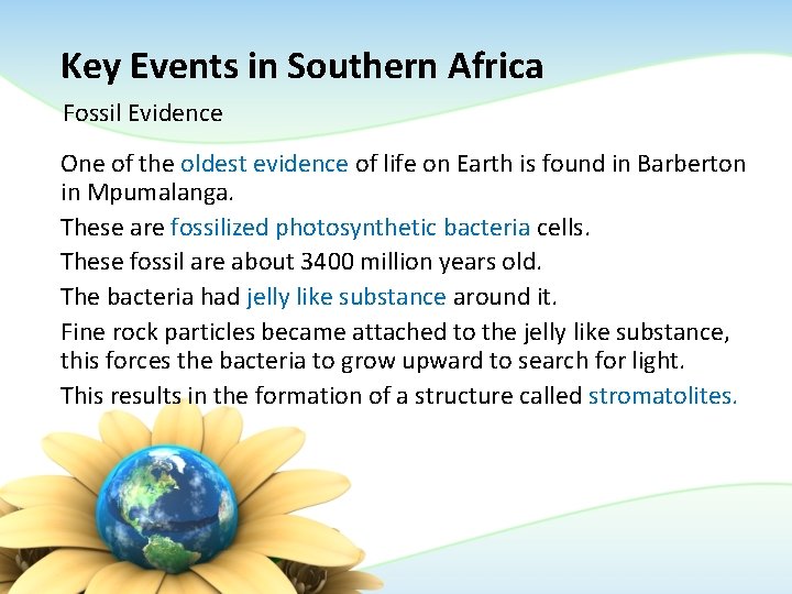 Key Events in Southern Africa Fossil Evidence One of the oldest evidence of life Key Events in Southern Africa Fossil Evidence One of the oldest evidence of life
