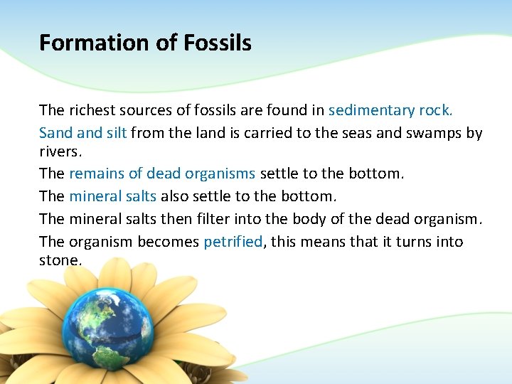 Formation of Fossils The richest sources of fossils are found in sedimentary rock. Sand Formation of Fossils The richest sources of fossils are found in sedimentary rock. Sand