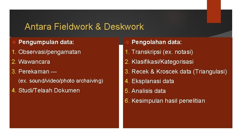 Antara Fieldwork & Deskwork Pengumpulan data: Pengolahan data: 1. Observasi/pengamatan 1. Transkripsi (ex. notasi)