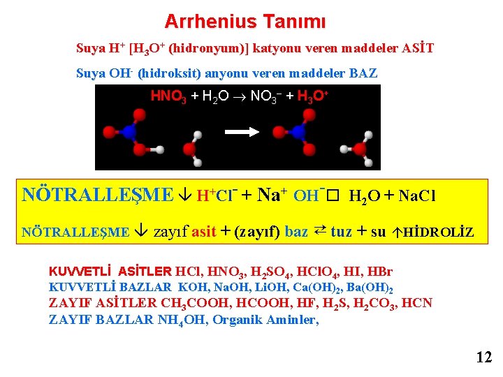 Arrhenius Tanımı Suya H+ [H 3 O+ (hidronyum)] katyonu veren maddeler ASİT Suya OH-