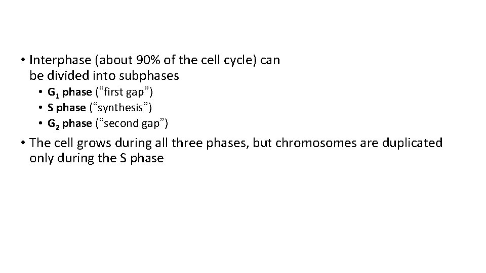 • Interphase (about 90% of the cell cycle) can be divided into subphases