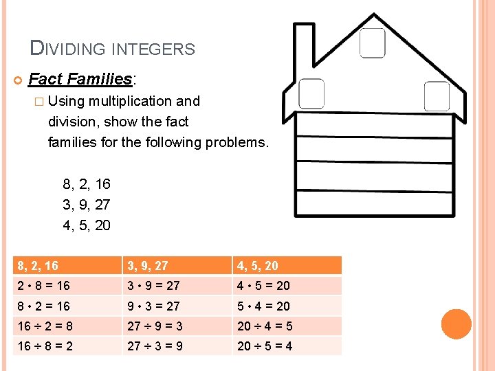 DIVIDING INTEGERS Fact Families: � Using multiplication and division, show the fact families for