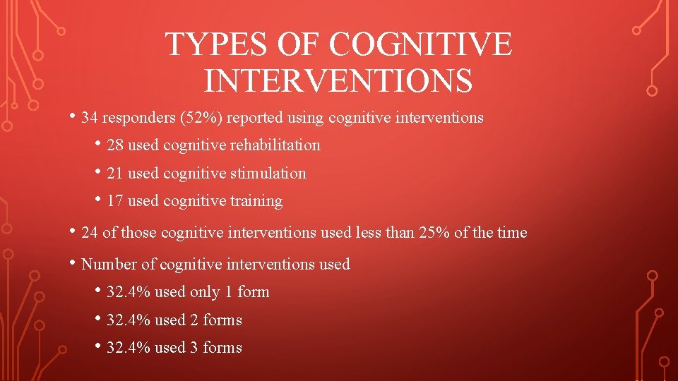 TYPES OF COGNITIVE INTERVENTIONS • 34 responders (52%) reported using cognitive interventions • 28 TYPES OF COGNITIVE INTERVENTIONS • 34 responders (52%) reported using cognitive interventions • 28