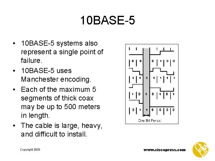 10 BASE-5 • 10 BASE-5 systems also represent a single point of failure. •