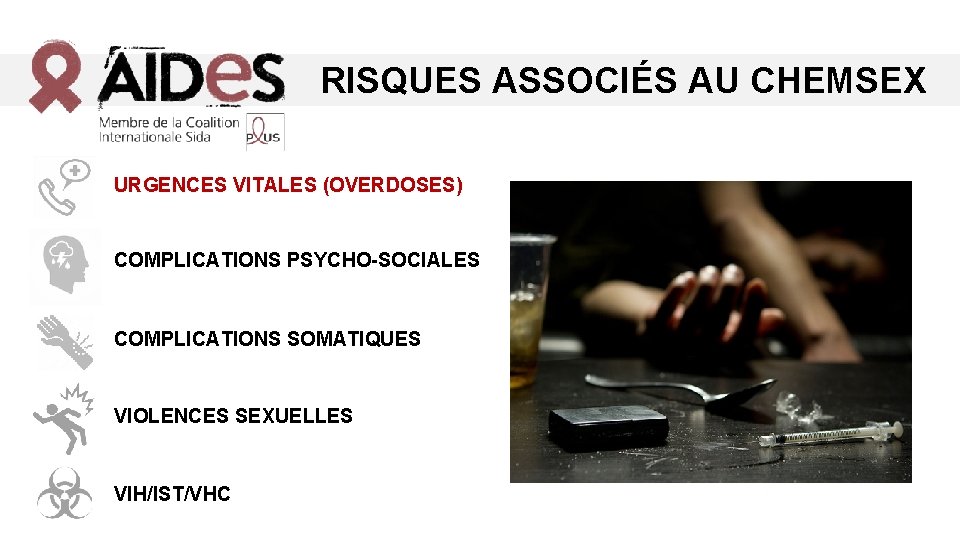 RISQUES ASSOCIÉS AU CHEMSEX URGENCES VITALES (OVERDOSES) COMPLICATIONS PSYCHO-SOCIALES COMPLICATIONS SOMATIQUES VIOLENCES SEXUELLES VIH/IST/VHC