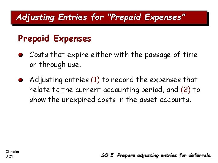 Adjusting Entries for “Prepaid Expenses” Prepaid Expenses Costs that expire either with the passage Adjusting Entries for “Prepaid Expenses” Prepaid Expenses Costs that expire either with the passage