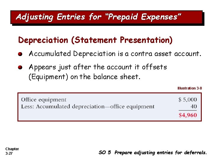 Adjusting Entries for “Prepaid Expenses” Depreciation (Statement Presentation) Accumulated Depreciation is a contra asset Adjusting Entries for “Prepaid Expenses” Depreciation (Statement Presentation) Accumulated Depreciation is a contra asset