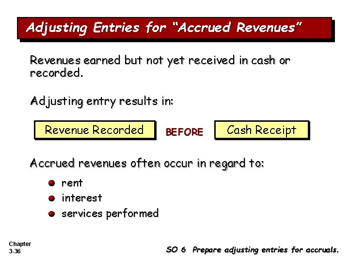 Adjusting Entries for “Accrued Revenues” Revenues earned but not yet received in cash or Adjusting Entries for “Accrued Revenues” Revenues earned but not yet received in cash or