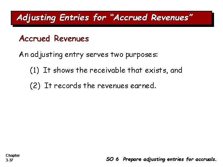 Adjusting Entries for “Accrued Revenues” Accrued Revenues An adjusting entry serves two purposes: (1) Adjusting Entries for “Accrued Revenues” Accrued Revenues An adjusting entry serves two purposes: (1)
