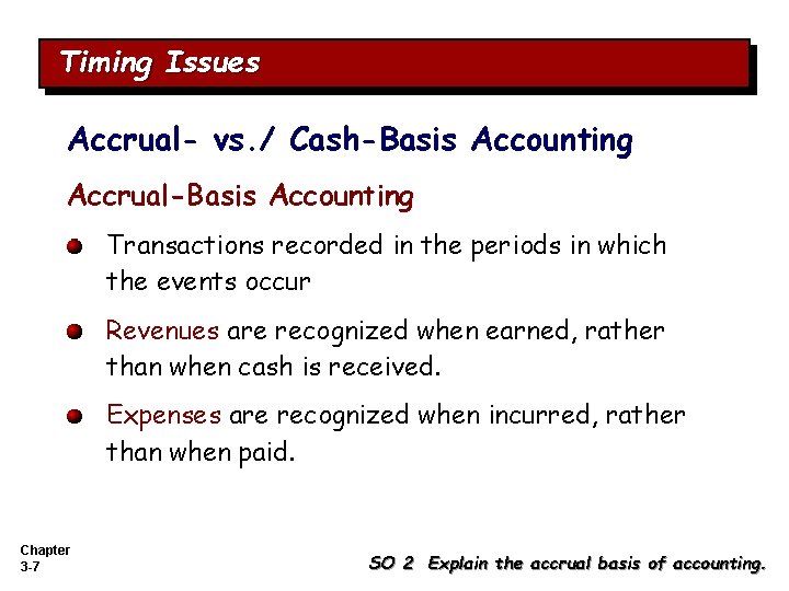 Timing Issues Accrual- vs. / Cash-Basis Accounting Accrual-Basis Accounting Transactions recorded in the periods Timing Issues Accrual- vs. / Cash-Basis Accounting Accrual-Basis Accounting Transactions recorded in the periods