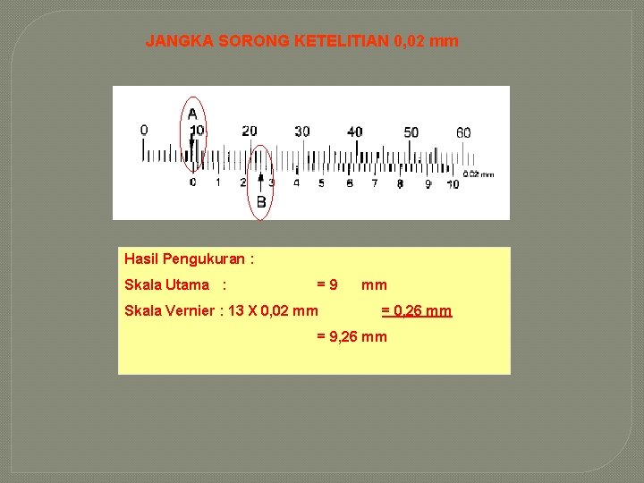 JANGKA SORONG KETELITIAN 0, 02 mm Hasil Pengukuran : Skala Utama : =9 Skala