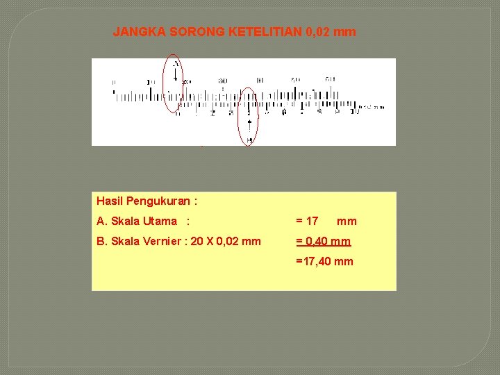 JANGKA SORONG KETELITIAN 0, 02 mm Hasil Pengukuran : A. Skala Utama : =