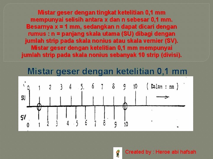 Mistar geser dengan tingkat ketelitian 0, 1 mm mempunyai selisih antara x dan n