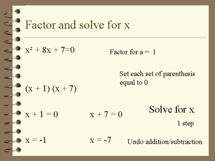 Factor and solve for x x² + 8 x + 7=0 Factor for a