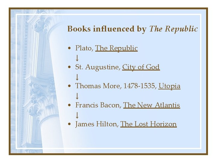 Books influenced by The Republic • Plato, The Republic ↓ • St. Augustine, City