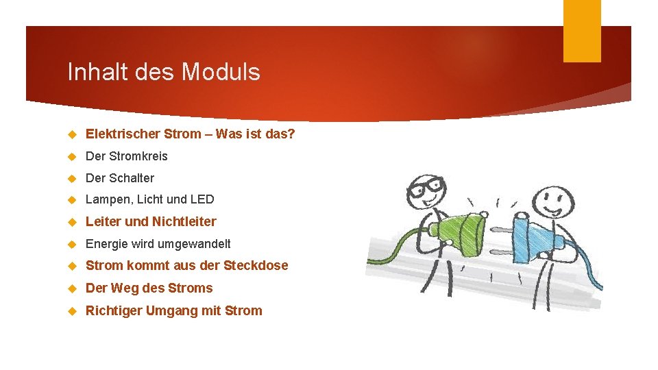 Inhalt des Moduls Elektrischer Strom – Was ist das? Der Stromkreis Der Schalter Lampen,