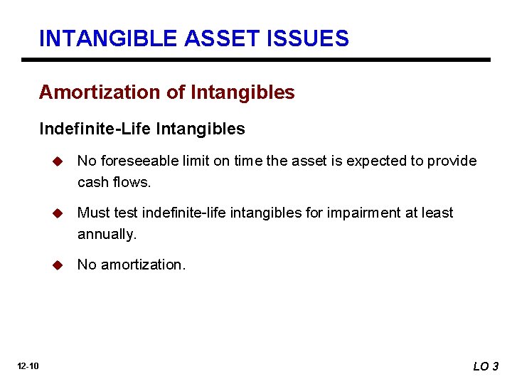 INTANGIBLE ASSET ISSUES Amortization of Intangibles Indefinite-Life Intangibles 12 -10 u No foreseeable limit