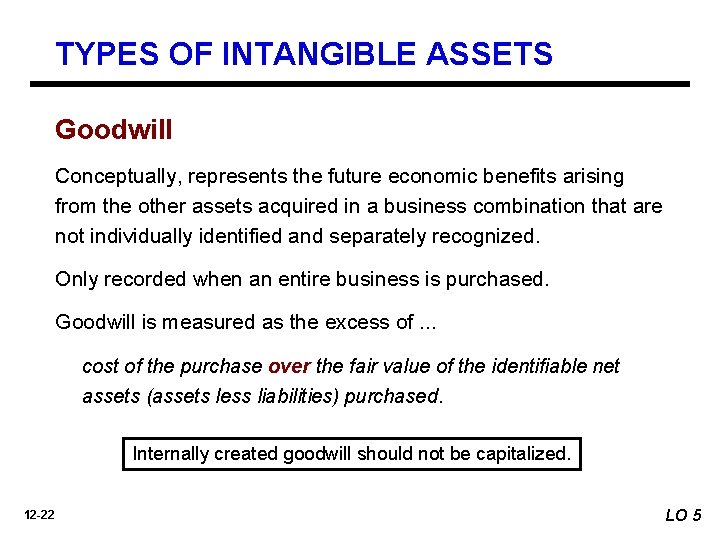 TYPES OF INTANGIBLE ASSETS Goodwill Conceptually, represents the future economic benefits arising from the