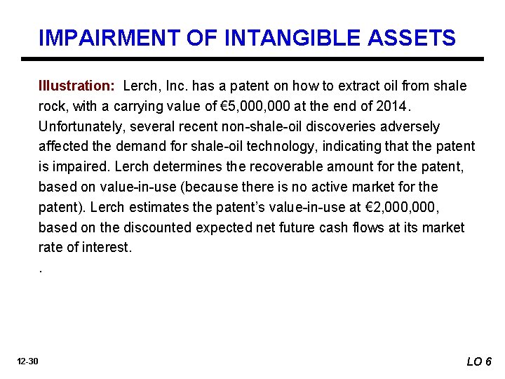 IMPAIRMENT OF INTANGIBLE ASSETS Illustration: Lerch, Inc. has a patent on how to extract