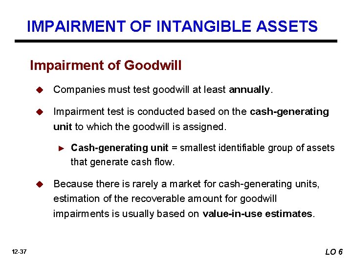 IMPAIRMENT OF INTANGIBLE ASSETS Impairment of Goodwill u Companies must test goodwill at least