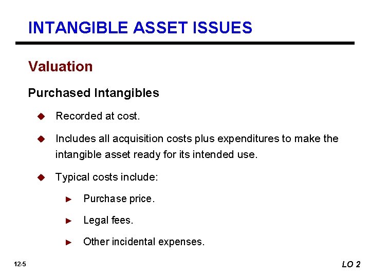 INTANGIBLE ASSET ISSUES Valuation Purchased Intangibles u Recorded at cost. u Includes all acquisition