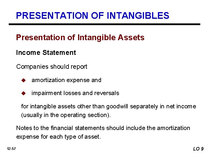 PRESENTATION OF INTANGIBLES Presentation of Intangible Assets Income Statement Companies should report u amortization