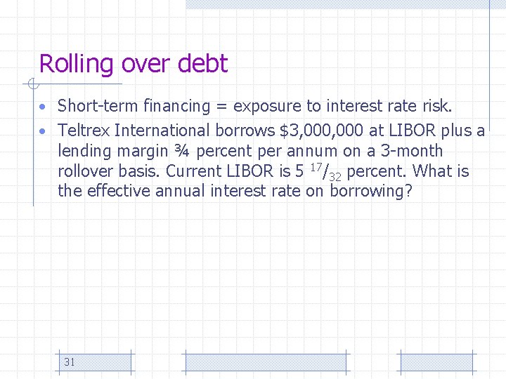 Rolling over debt • Short-term financing = exposure to interest rate risk. • Teltrex