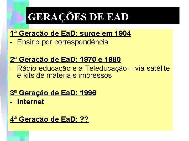 GERAÇÕES DE EAD 1ª Geração de Ea. D: surge em 1904 - Ensino por