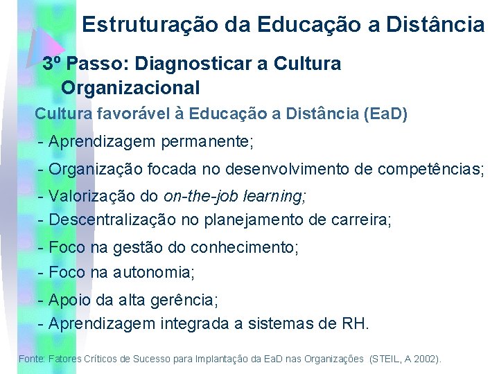 Estruturação da Educação a Distância 3º Passo: Diagnosticar a Cultura Organizacional Cultura favorável à