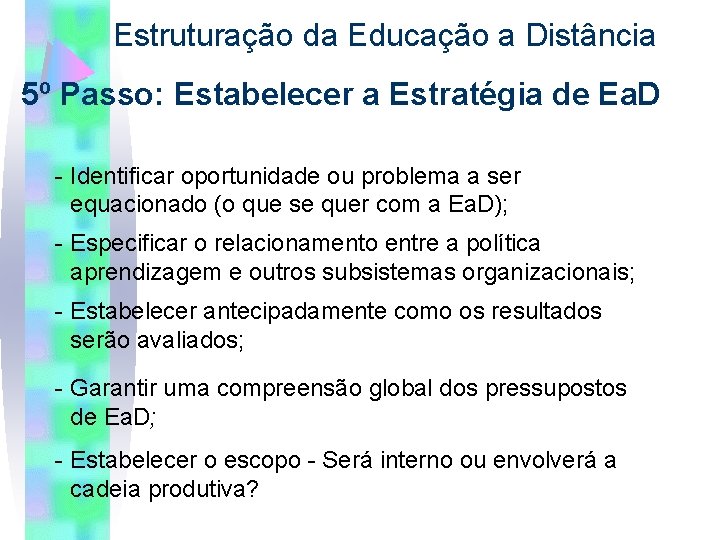 Estruturação da Educação a Distância 5º Passo: Estabelecer a Estratégia de Ea. D -