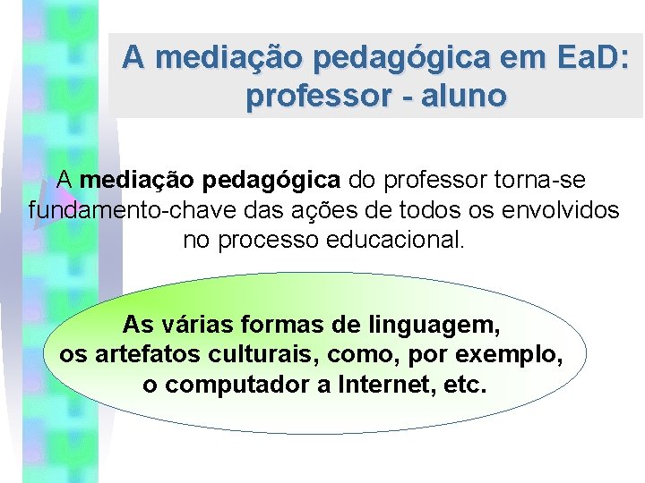 A mediação pedagógica em Ea. D: professor - aluno A mediação pedagógica do professor