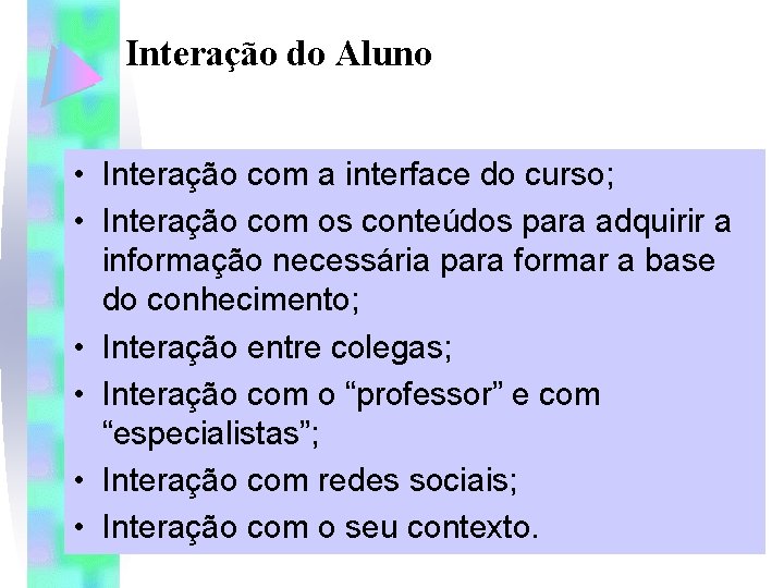 Interação do Aluno • Interação com a interface do curso; • Interação com os