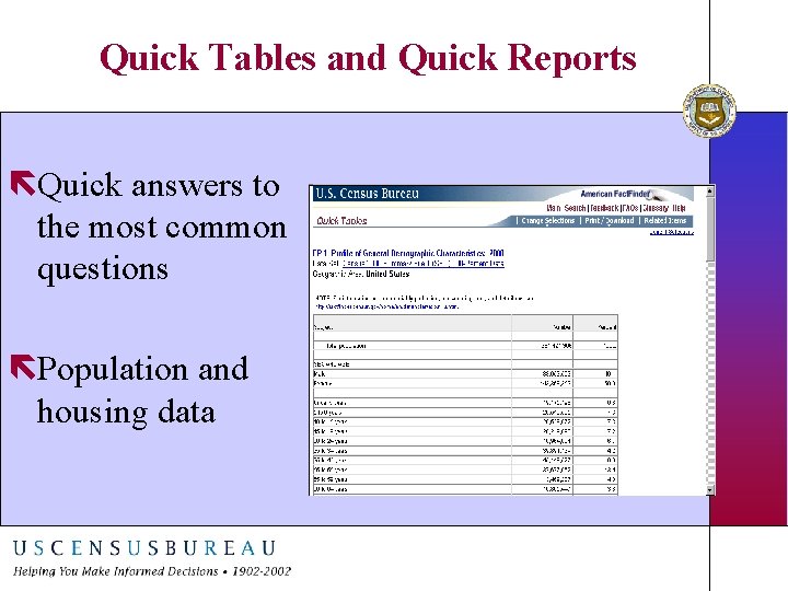 Quick Tables and Quick Reports ëQuick answers to the most common questions ëPopulation and Quick Tables and Quick Reports ëQuick answers to the most common questions ëPopulation and