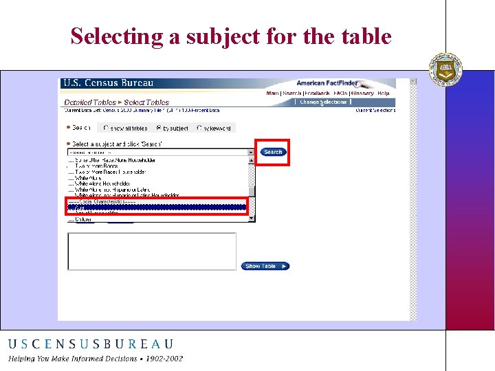 Selecting a subject for the table 