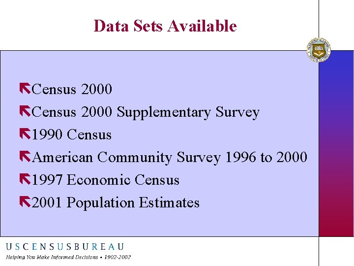 Data Sets Available ëCensus 2000 Supplementary Survey ë 1990 Census ëAmerican Community Survey 1996
