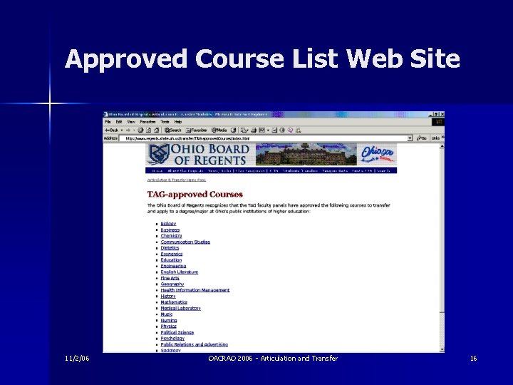 Approved Course List Web Site 11/2/06 OACRAO 2006 - Articulation and Transfer 16 