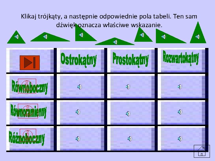 Klikaj trójkąty, a następnie odpowiednie pola tabeli. Ten sam dźwięk oznacza właściwe wskazanie. 