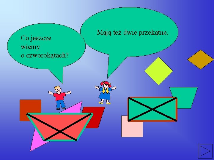 Co jeszcze wiemy o czworokątach? Mają też dwie przekątne. 