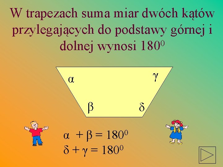 W trapezach suma miar dwóch kątów przylegających do podstawy górnej i dolnej wynosi 1800