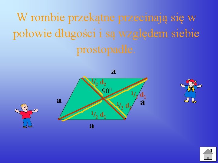 W rombie przekątne przecinają się w połowie długości i są względem siebie prostopadłe. a