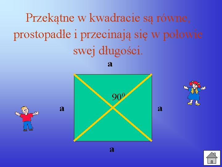 Przekątne w kwadracie są równe, prostopadłe i przecinają się w połowie swej długości. a