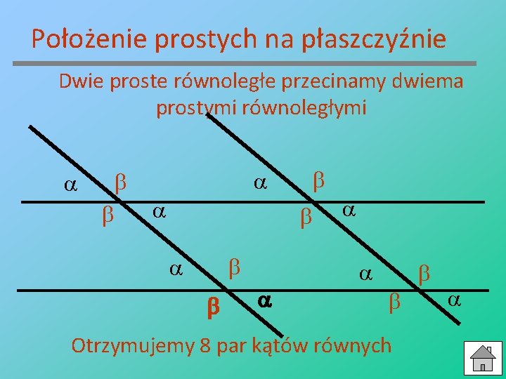 Położenie prostych na płaszczyźnie Dwie proste równoległe przecinamy dwiema prostymi równoległymi Otrzymujemy 8 par